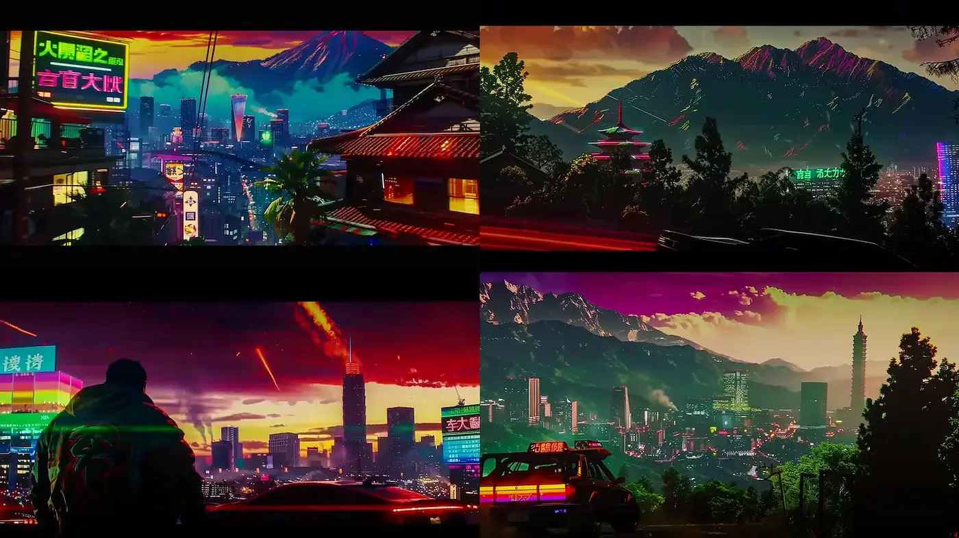 Futuristic Urban Landscapes with Neon Aesthetics and Dramatic Lighting - Midjourney sref style
