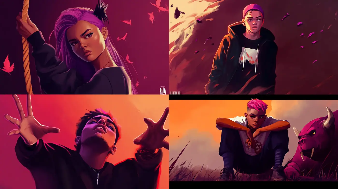 Crimson Dusk: A Digital Fusion of Stylized Portraiture and Expressive Surrealism - Midjourney sref style