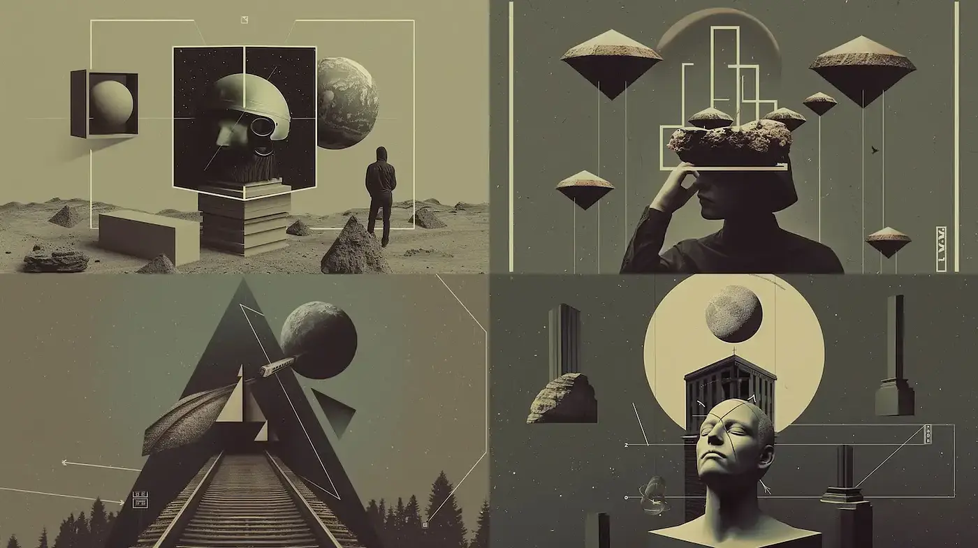 Surrealist Exploration Through Vintage Sci-Fi Tableaus - Midjourney sref style