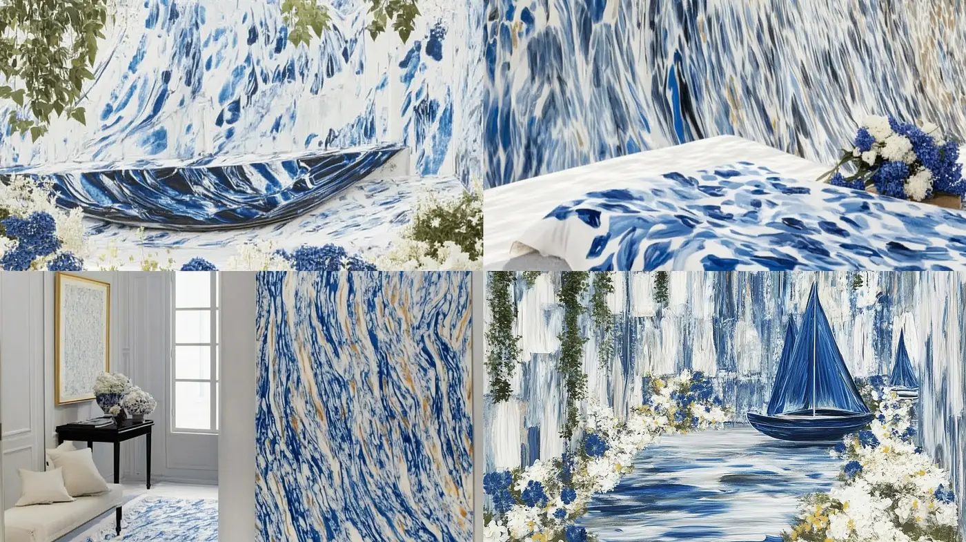 Floral Whirls in Cobalt and Cream Hues - Midjourney sref style