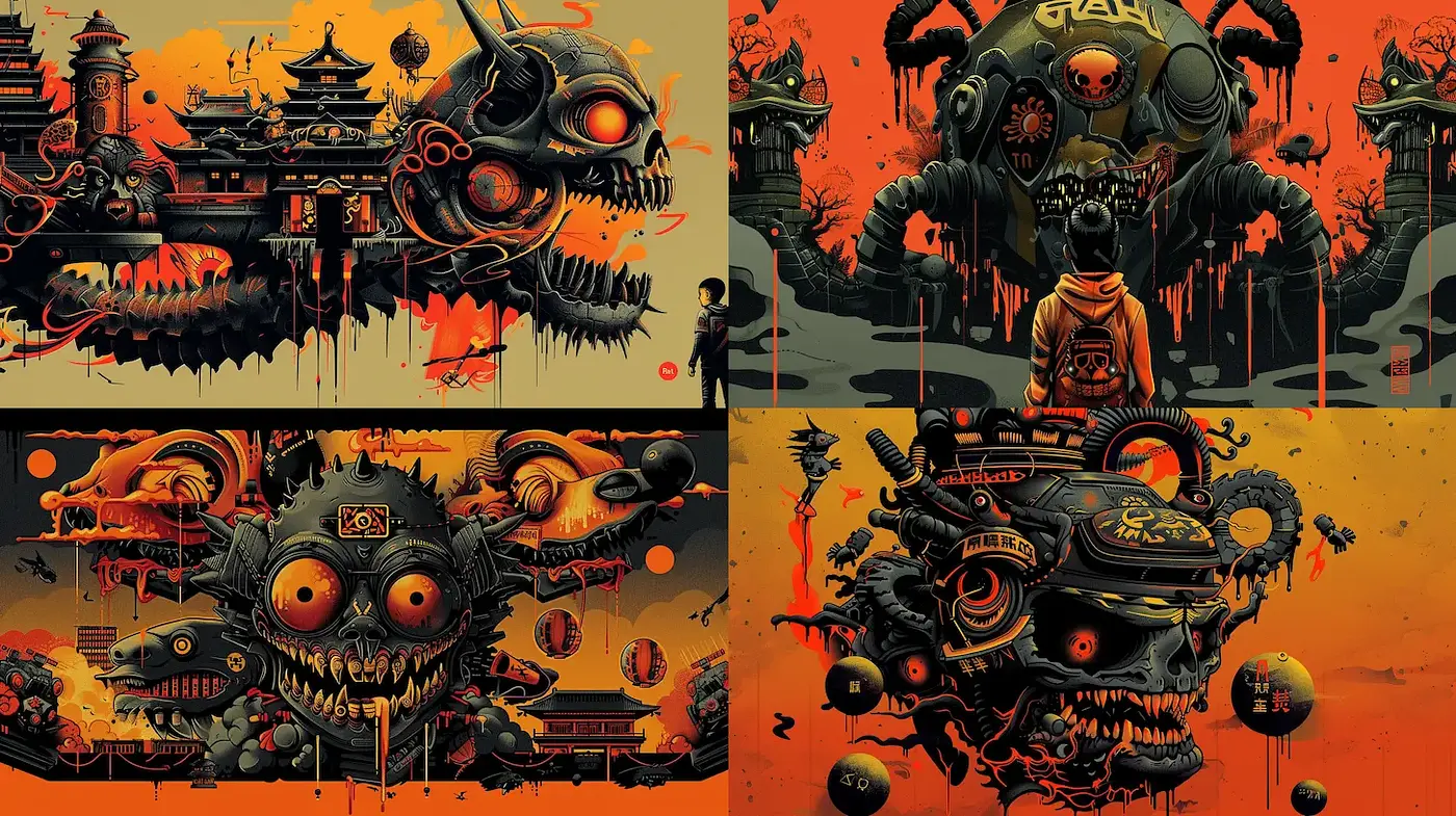 Dark, surreal, and richly textured artwork influenced by contemporary graphic styles - Midjourney sref style