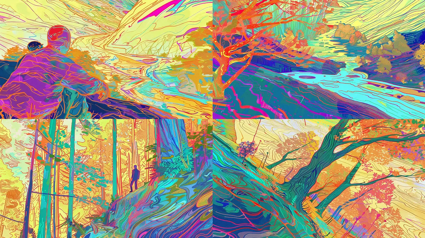 Psychedelic Arbor Essence: A Vivid Dance of Colors and Lines - Midjourney sref style