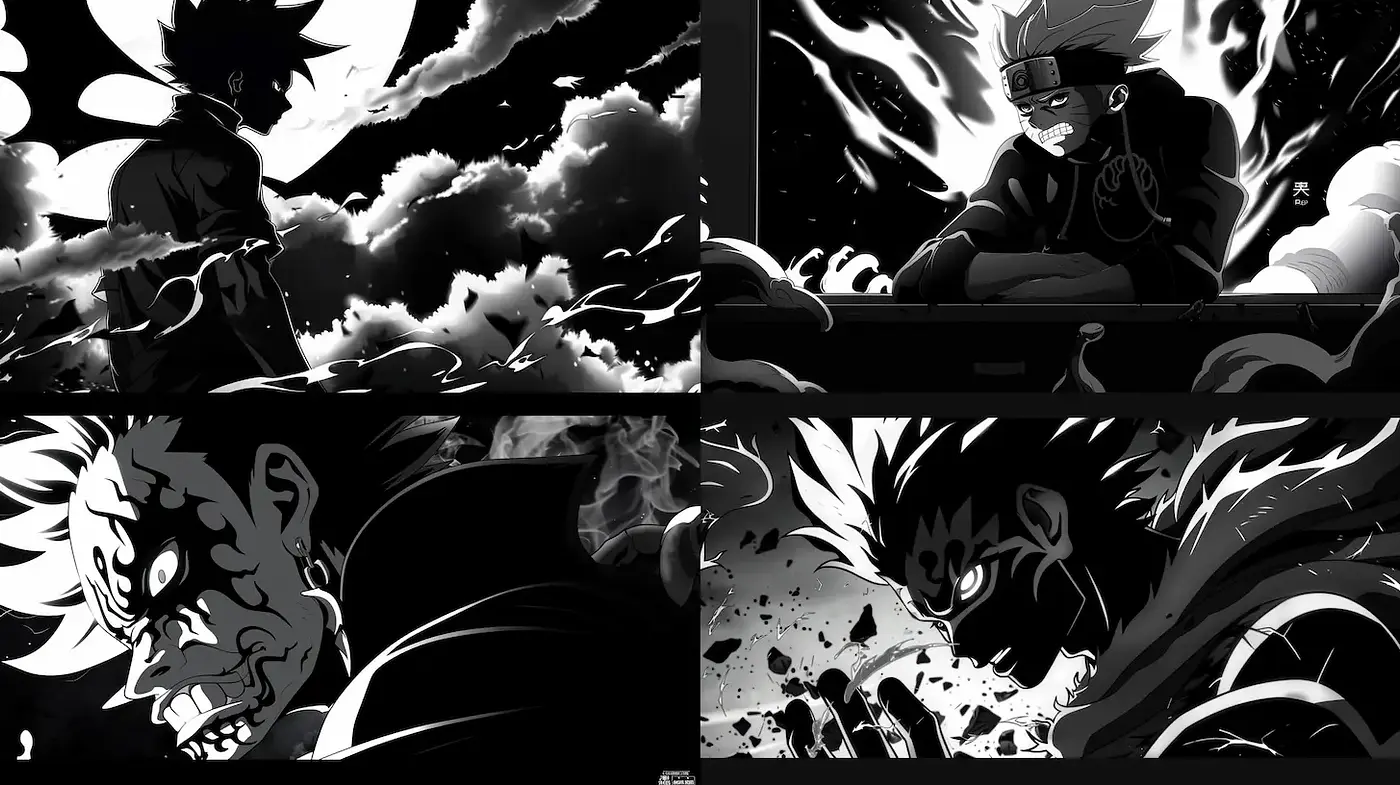 Dynamic Black and White Action Imagery with a Touch of Manga Style - Midjourney sref style