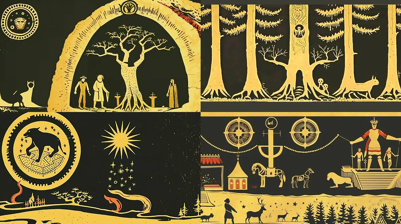 Mystical Silhouette Storytelling in Monochromatic Folk Art - Midjourney sref style