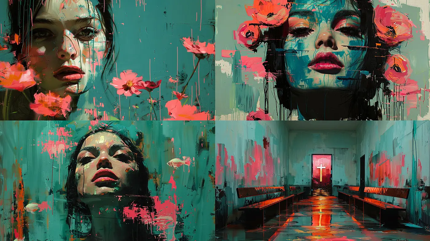 Turquoise Tinged Expressive Abstraction with Vivid Accents - Midjourney sref style
