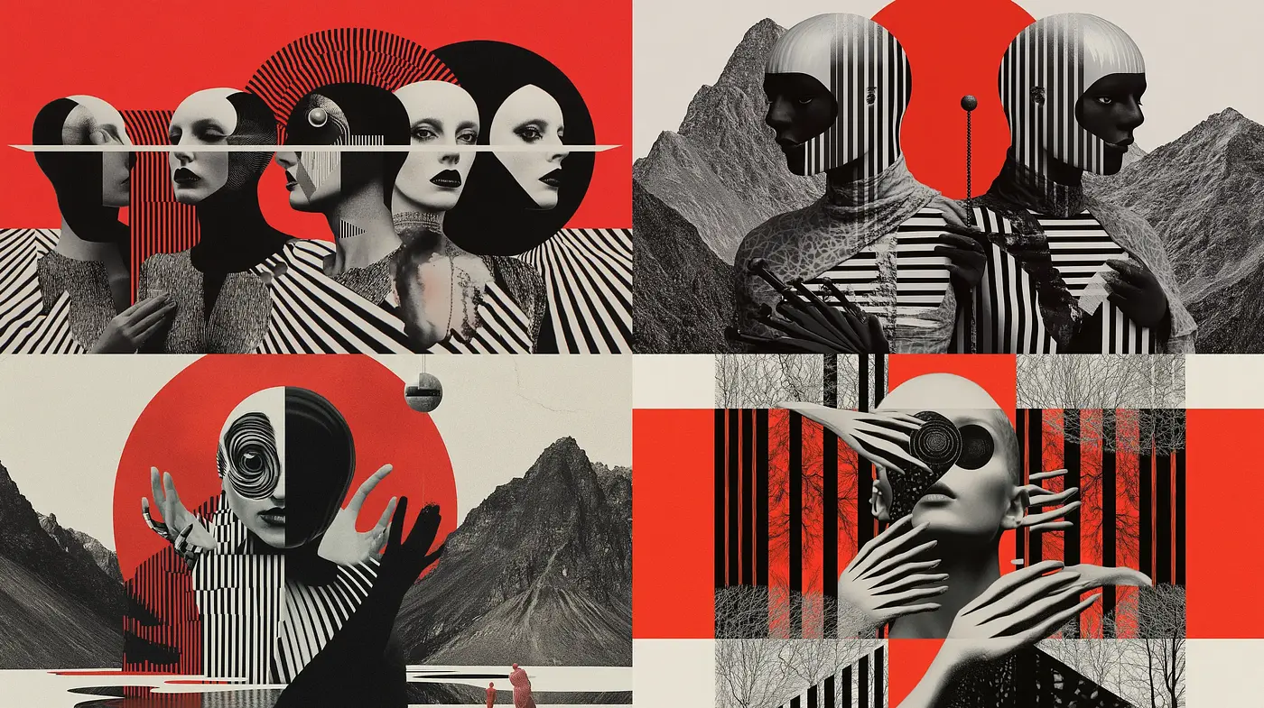 Contrast and Continuity: A Harmonious Blend of Monochrome and Vermilion Tones in Surrealistic Forms - Midjourney sref style