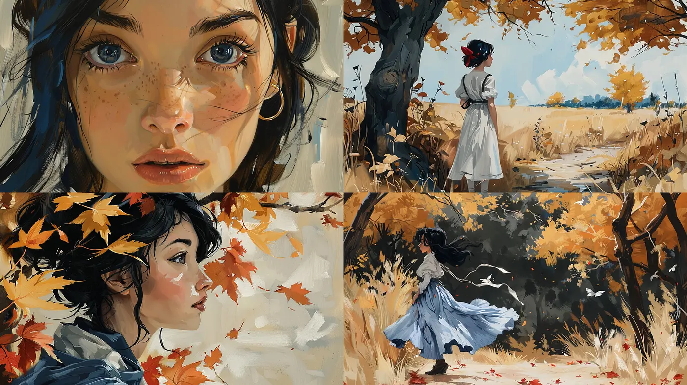 Autumnal Elegance in Brushwork: Consistency in Mood and Palette Across Diverse Portrayals - Midjourney sref style
