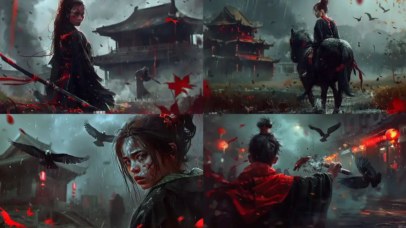 Intriguing blend of dark fantasy and historical aesthetics with strong dramatic contrasts - Midjourney sref style