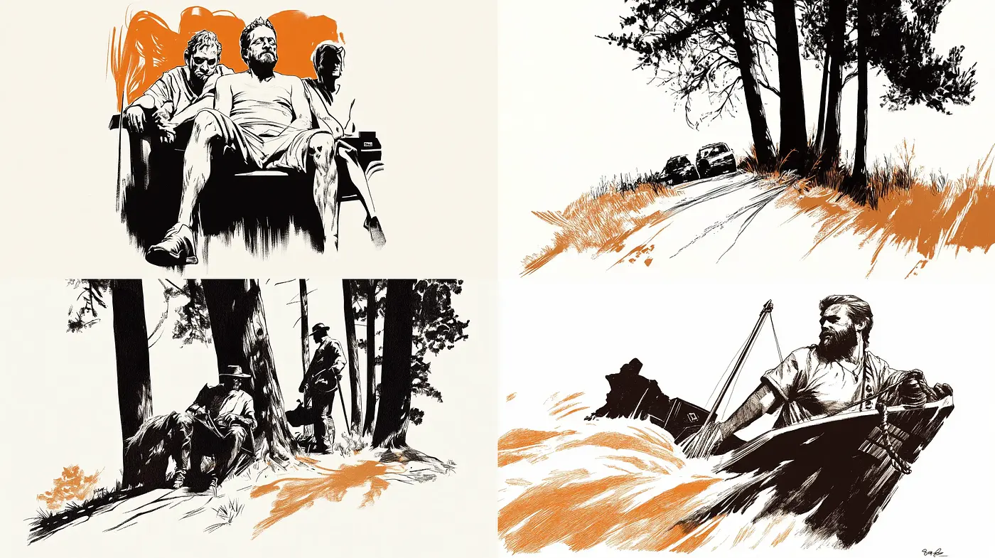 Stylized Monochromatic Vignettes with Dynamic Orange Highlights - Midjourney sref style