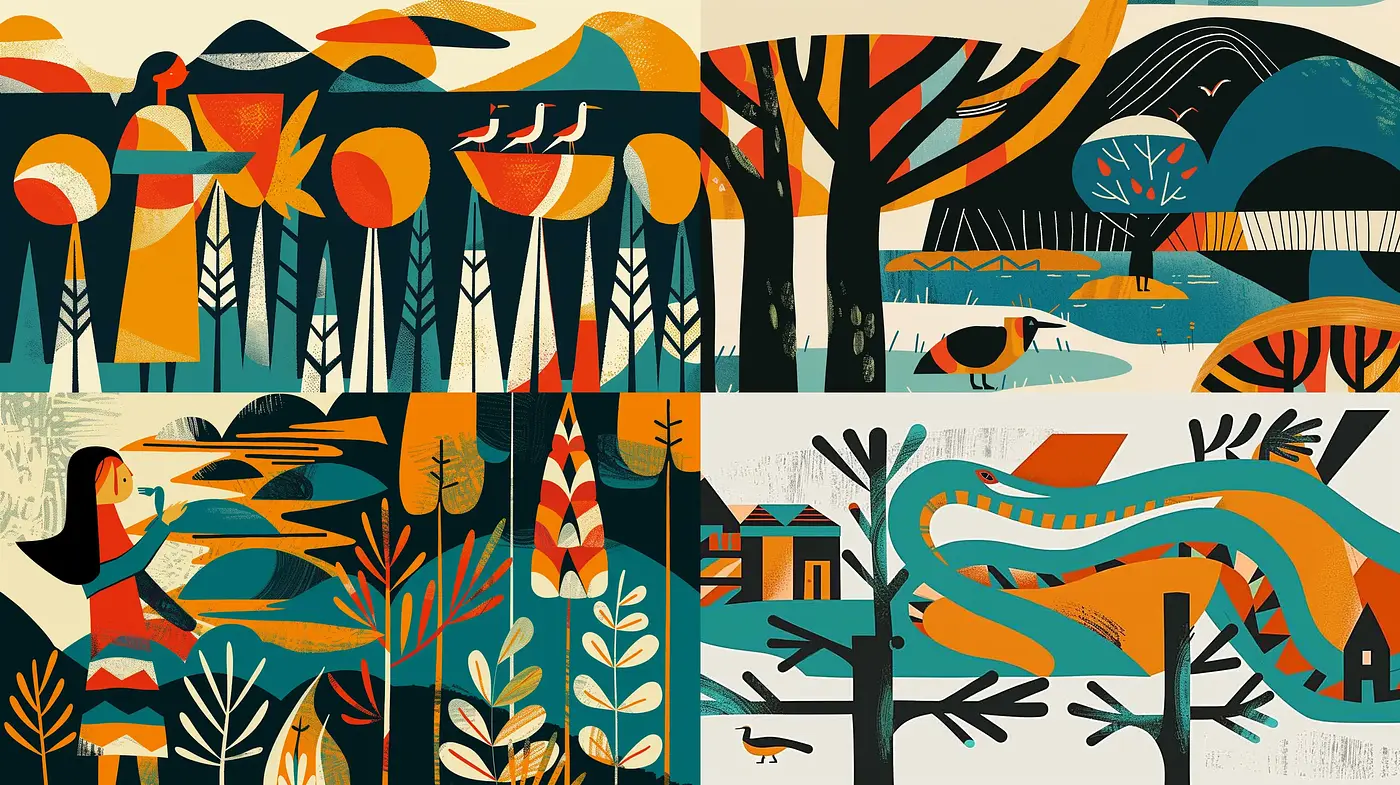 Retro Geometric Nature Series with Abstract Stylization - Midjourney sref style