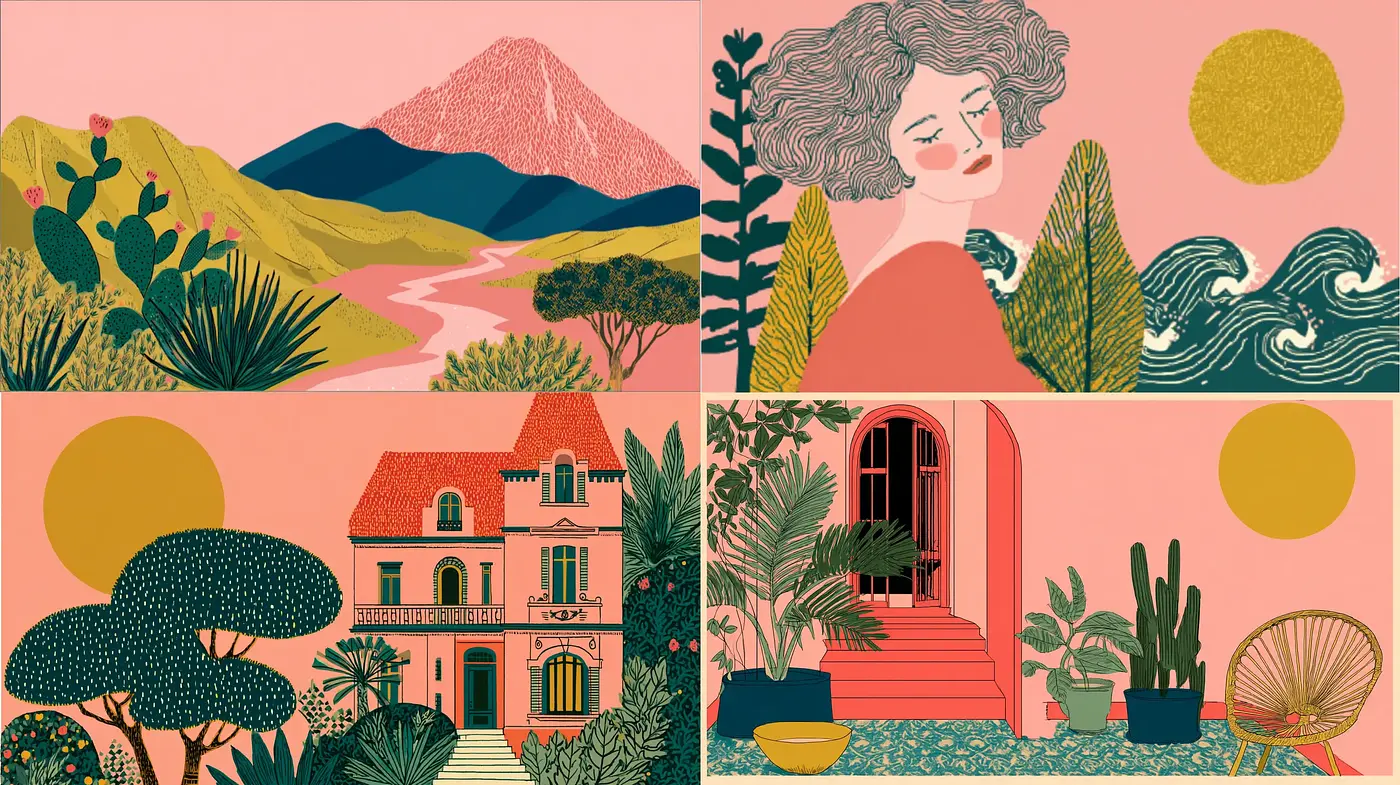 Whimsical Illustrations with Bold Colors and Textured Depths - Midjourney sref style