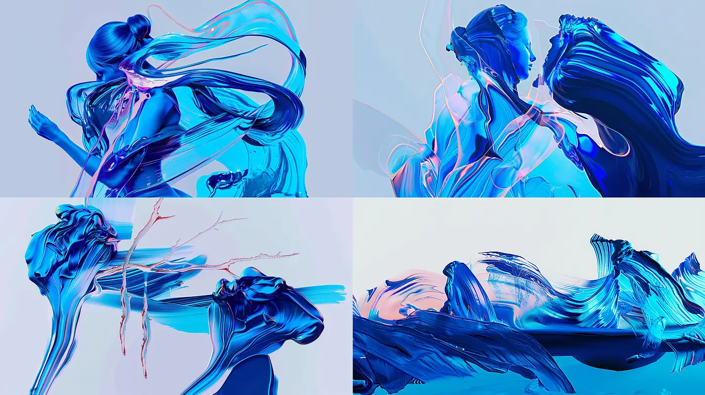 Ethereal Flowing Forms in Iridescent Blue: A Homage to Fluidity and Light - Midjourney sref style