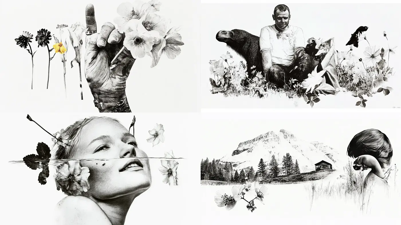 Monochromatic Florals and Human Connection Collage - Midjourney sref style