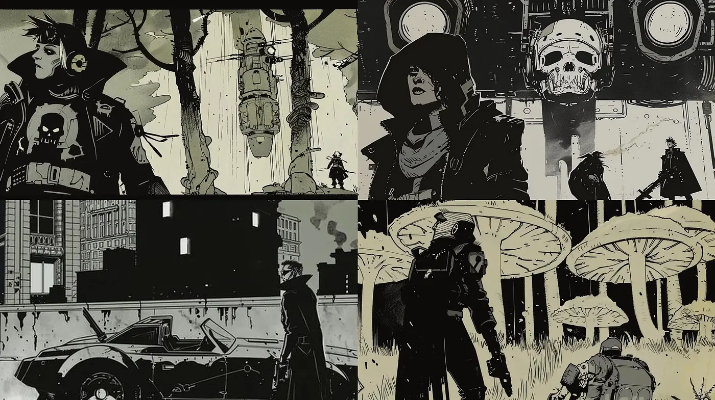 Gritty Noir Graphic Novel Aesthetic with a Dystopian Undertone - Midjourney sref style