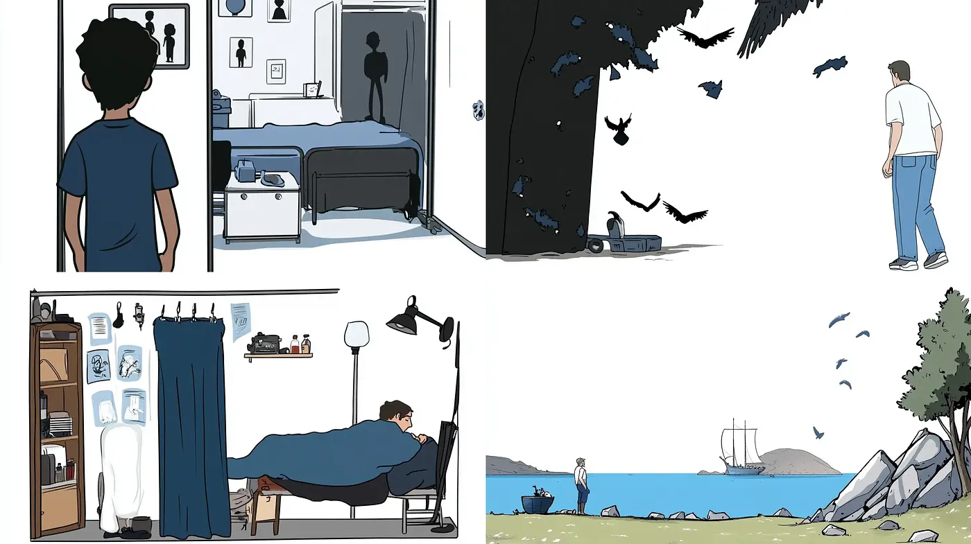 Serene Contemplative Vignettes with a Consistent Comic-Inspired Aesthetic - Midjourney sref style