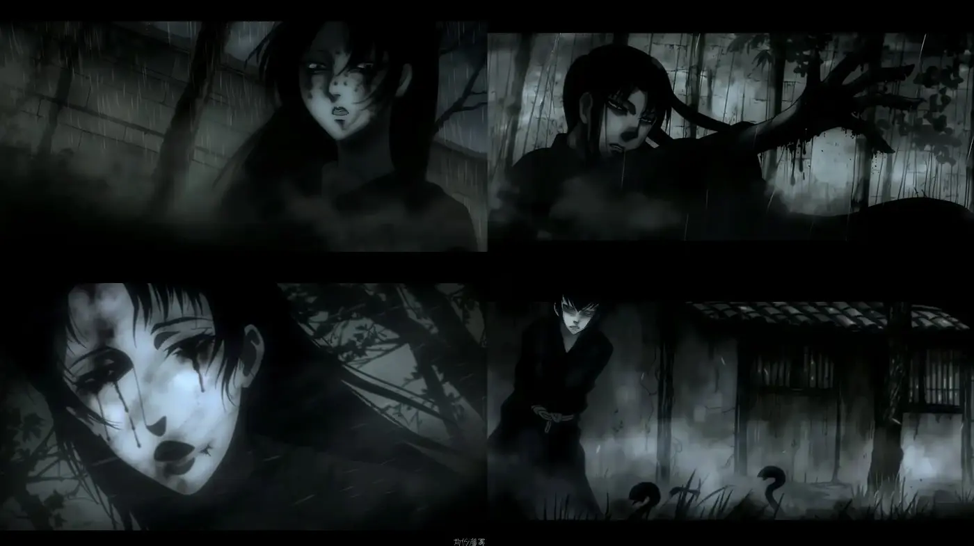 Monochromatic Ethereal Visuals with a Dark Manga Essence - Midjourney sref style