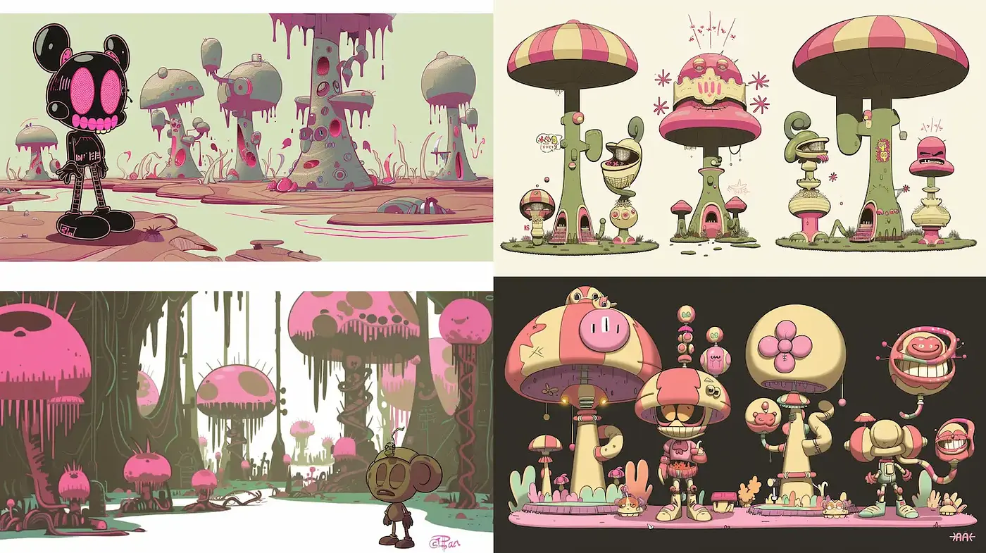 Whimsical and Playful Surrealism with Cartoonish Charm - Midjourney sref style