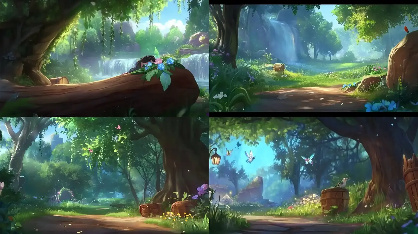 Enchanted Forests in Luminous Hues: A Serene Animated Landscape Exploration - Midjourney sref style