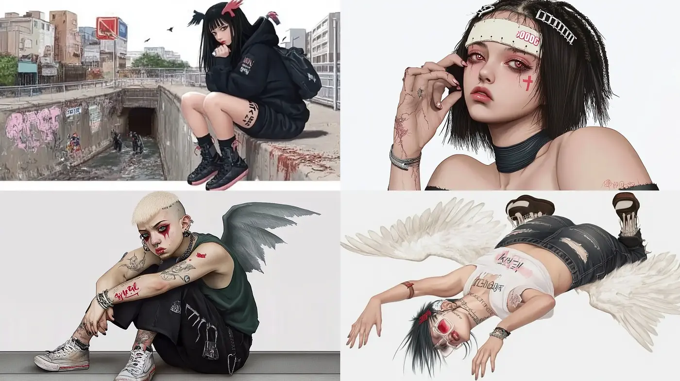 Rebel Angels in Urban Fantasy: A Contemporary Fusion of Anime Influences and Street Aesthetic - Midjourney sref style