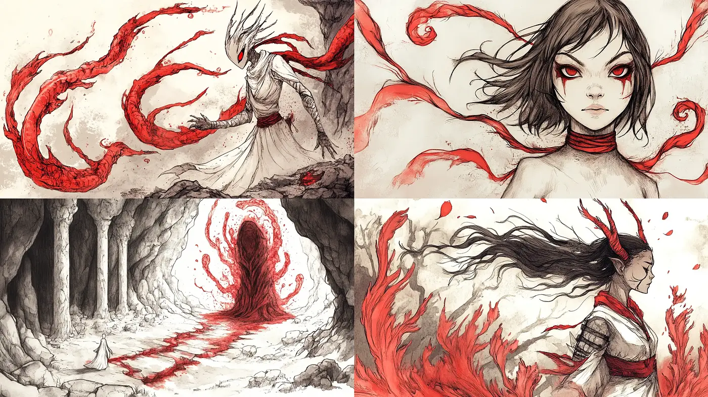 Ethereal Crimson Accents in Monochrome Dreamscape - Midjourney sref style