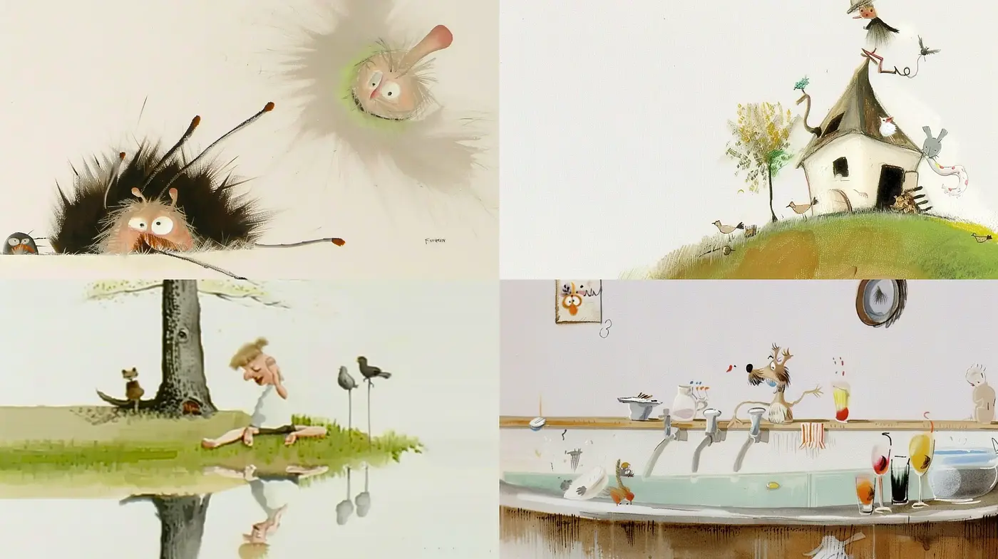 Whimsical Storybook Illustrations with Watercolor Essence - Midjourney sref style