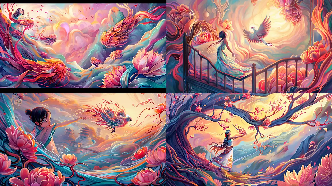 Surreal Dreamscape Fusion With Vivid Hues and Whimsical Flair - Midjourney sref style