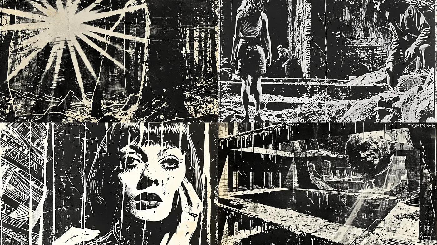 Gritty Textured Noir: A Fusion of Dark Monochrome and Graphic Novel Artistry - Midjourney sref style