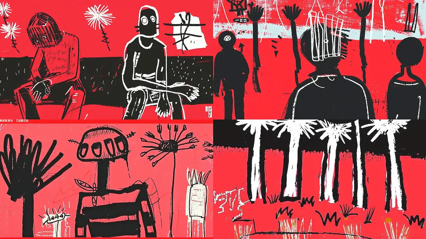 Bold and Expressive Urban Street Art with a Playful Yet Haunting Vibe - Midjourney sref style