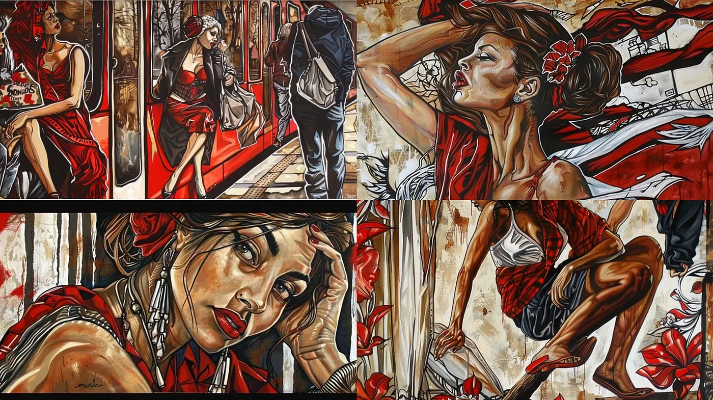 Vibrant Vermilion Vignettes: A Cohesive Display of Dynamic Color and Expressive Textures - Midjourney sref style