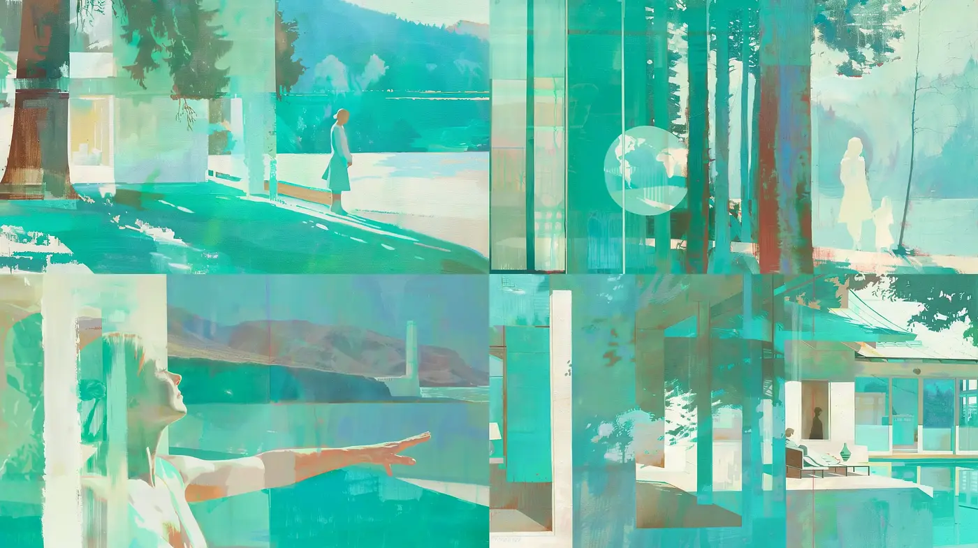 Tranquil Aquamarine Reverie: A Dreamlike Fusion of Serene Landscapes and Surreal Overtones - Midjourney sref style