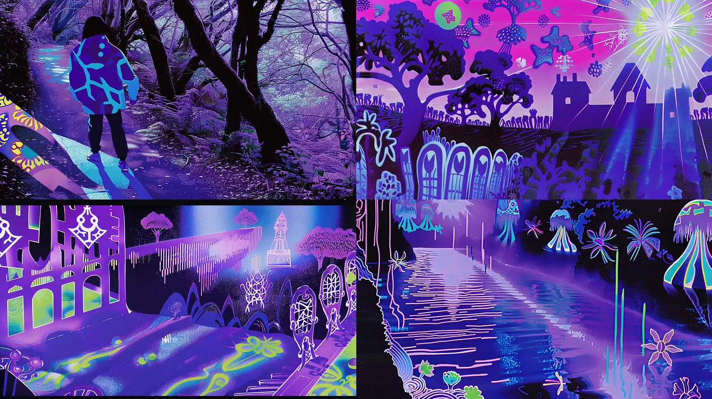 Psychedelic Dreamscape with Vibrant Neon Accents - Midjourney sref style