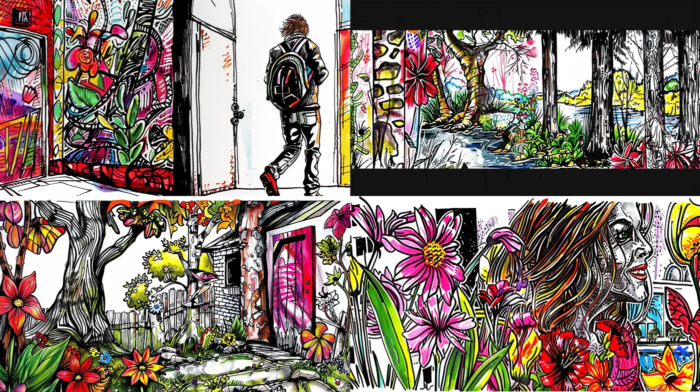 Vibrant Linework in Living Color: A Fusion of Graphical Novelty with Nature's Palette - Midjourney sref style