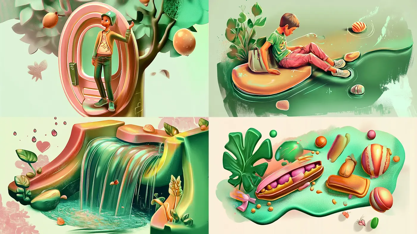 Surreal Delightscape: A Whimsical Fusion of Dreamy Environments and Playful Elements - Midjourney sref style