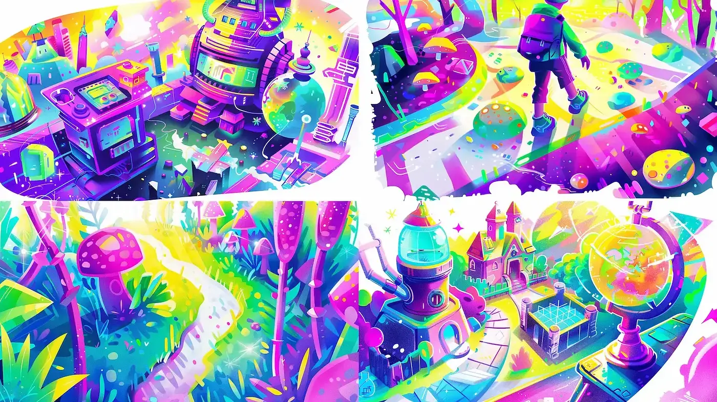 Vibrant and Whimsical Sci-Fi Landscape with Playful Elements - Midjourney sref style