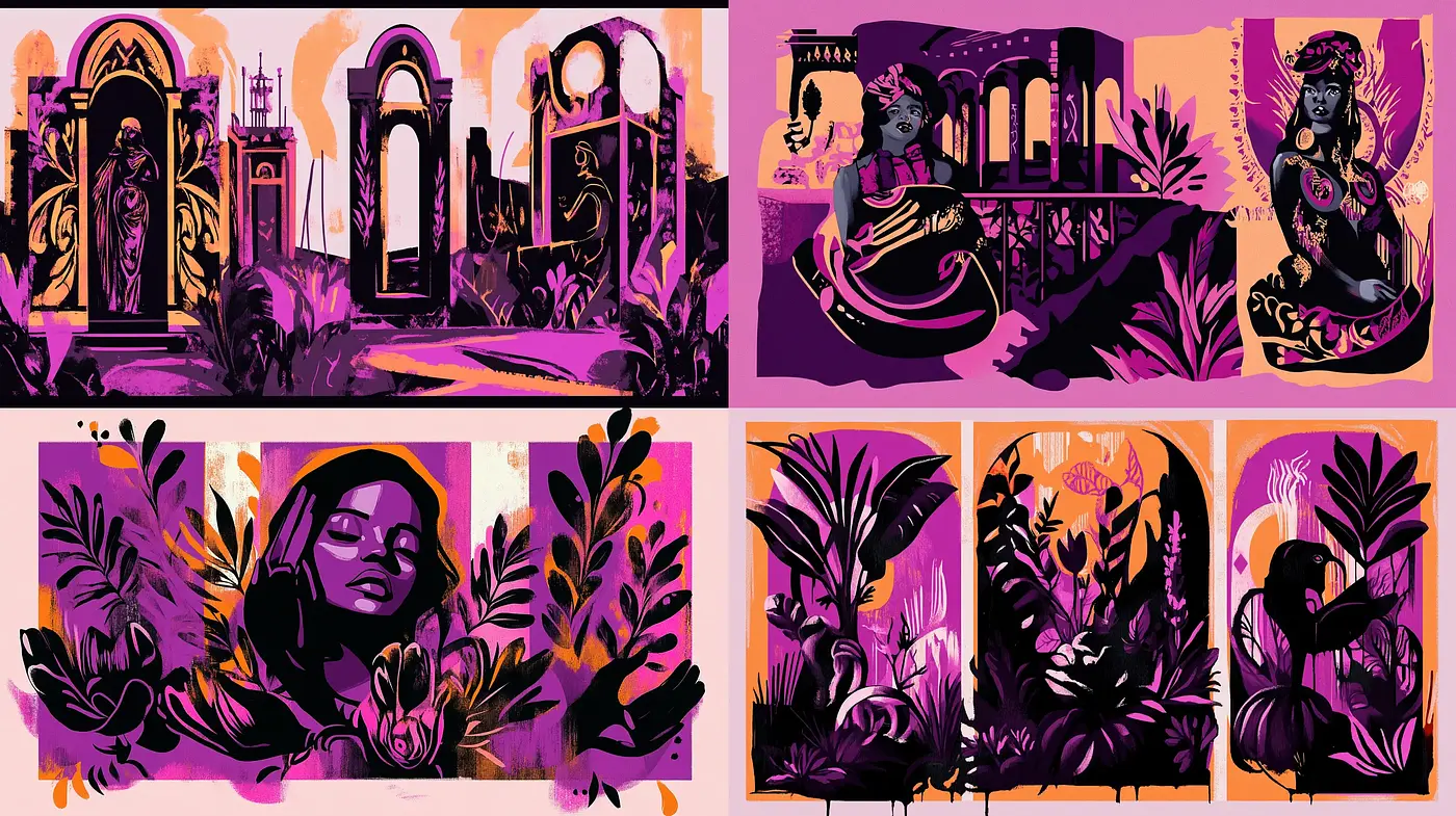 Vibrant Silhouette Dreamscapes with Art Nouveau and Symbolist Fusion - Midjourney sref style