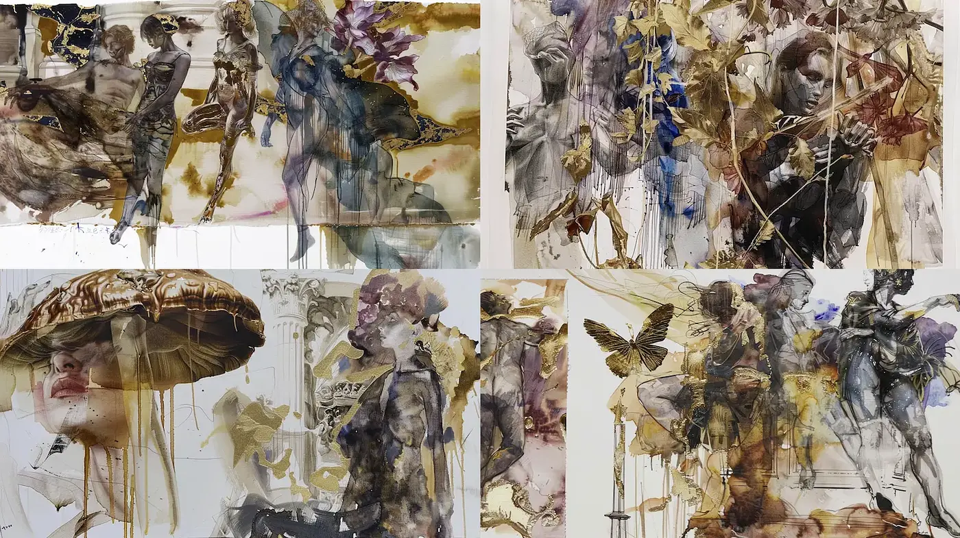 Surrealistic Watercolor Portraits with Organic Elements - Midjourney sref style