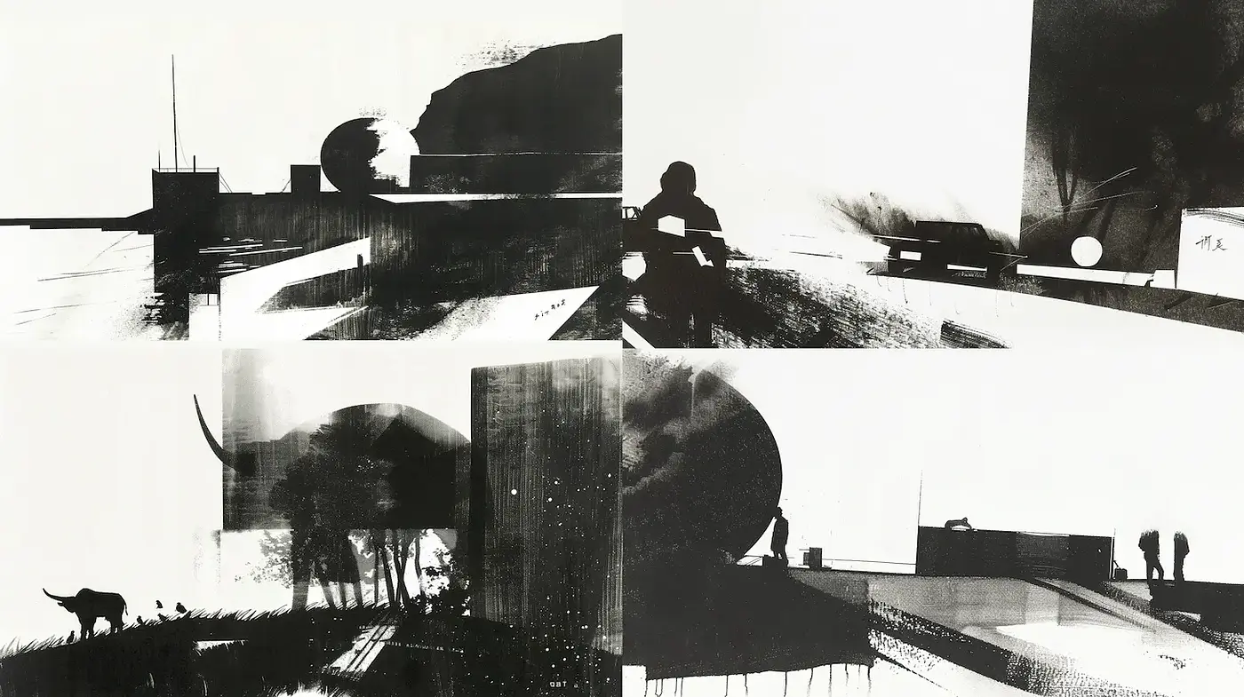 Monochromatic and Abstract Cityscapes with a Cinematic Quality - Midjourney sref style