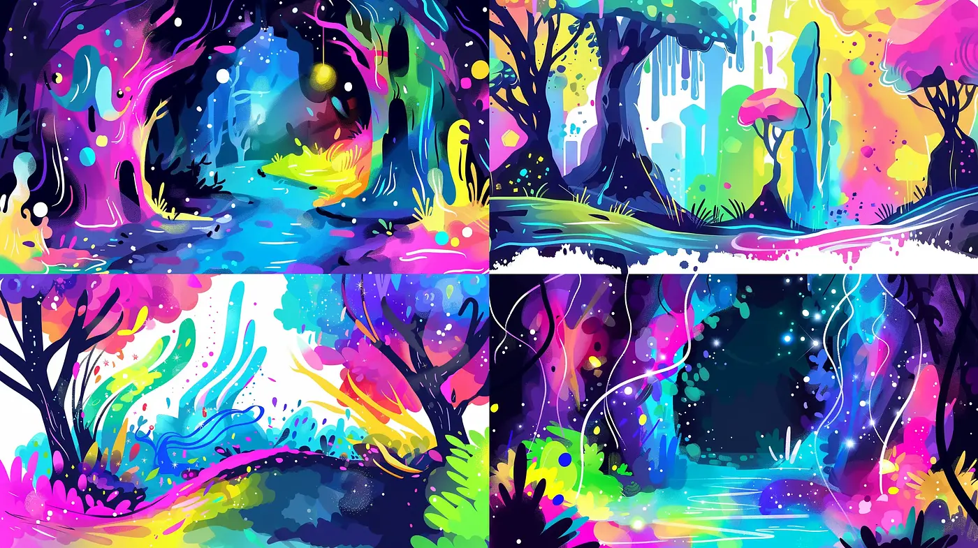 Vibrant Psychedelic Splash in a Surrealist Landscape - Midjourney sref style