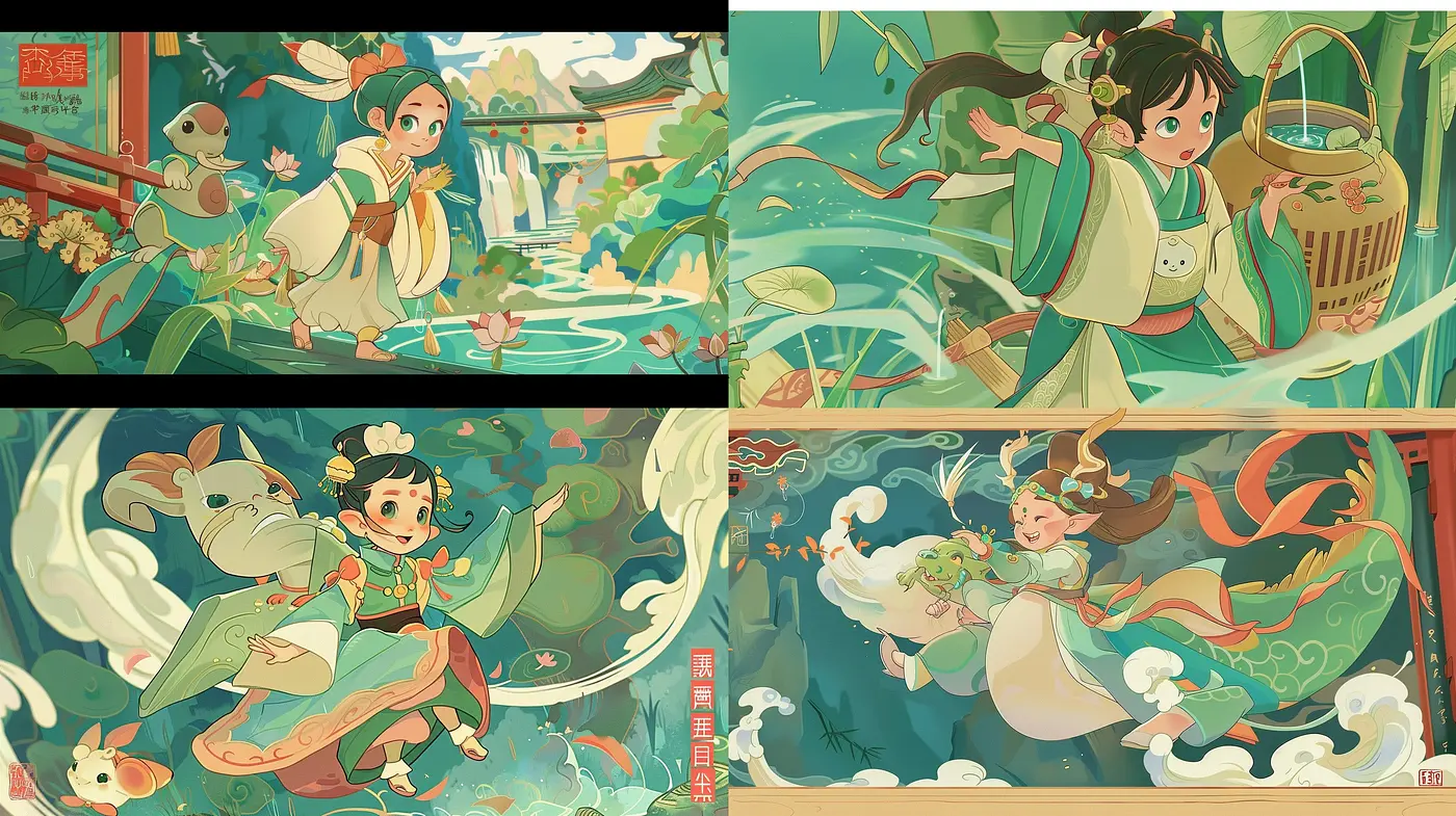 Serene Mythical Dreamscape: A Harmonious Blend of East Asian Artistry and Whimsical Storytelling - Midjourney sref style