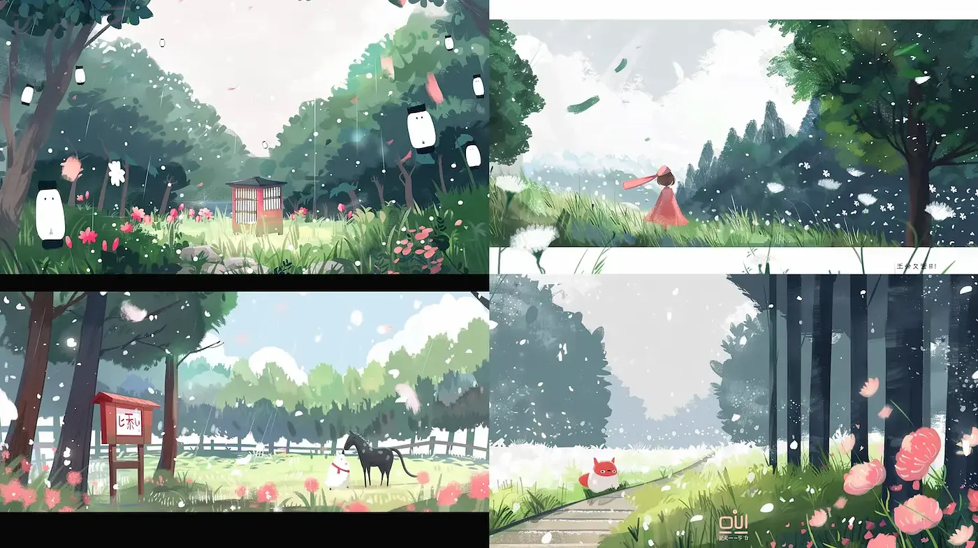 Whimsical landscapes with a serene, dreamlike quality - Midjourney sref style