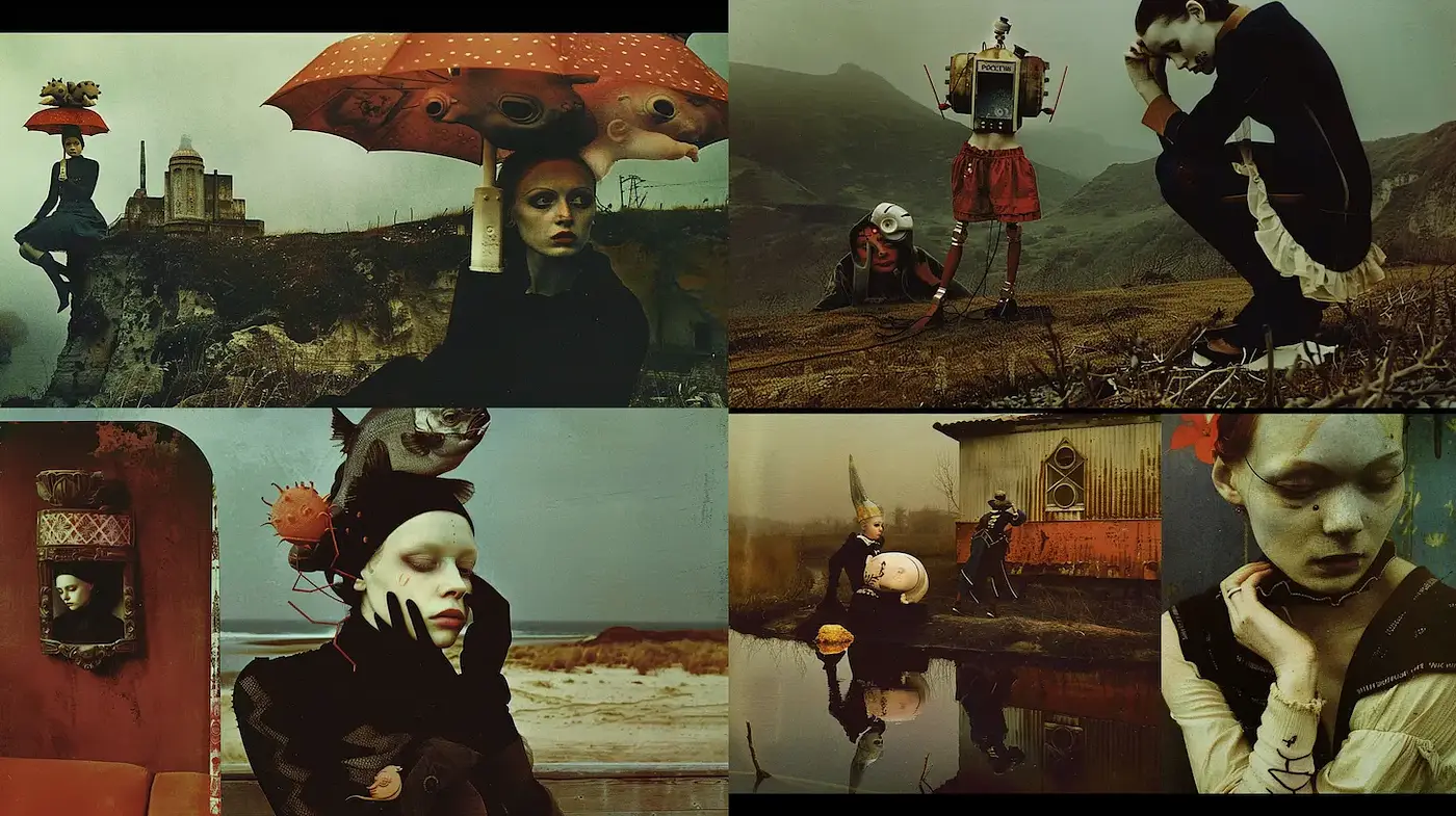 Surrealist Fantasia with a Touch of Vintage Absurdity and Disturbing Elegance - Midjourney sref style