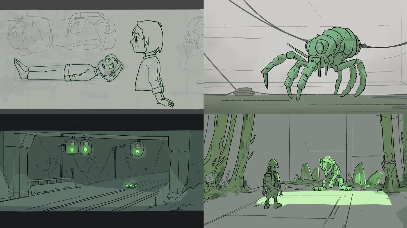 Monochromatic Conceptual Storyboarding - Midjourney sref style
