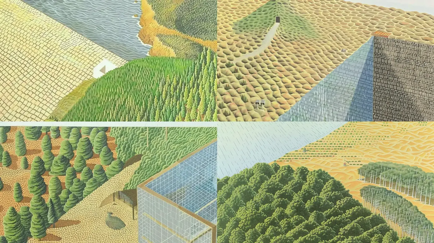 Geometrically Structured Rustic Landscapes - Midjourney sref style