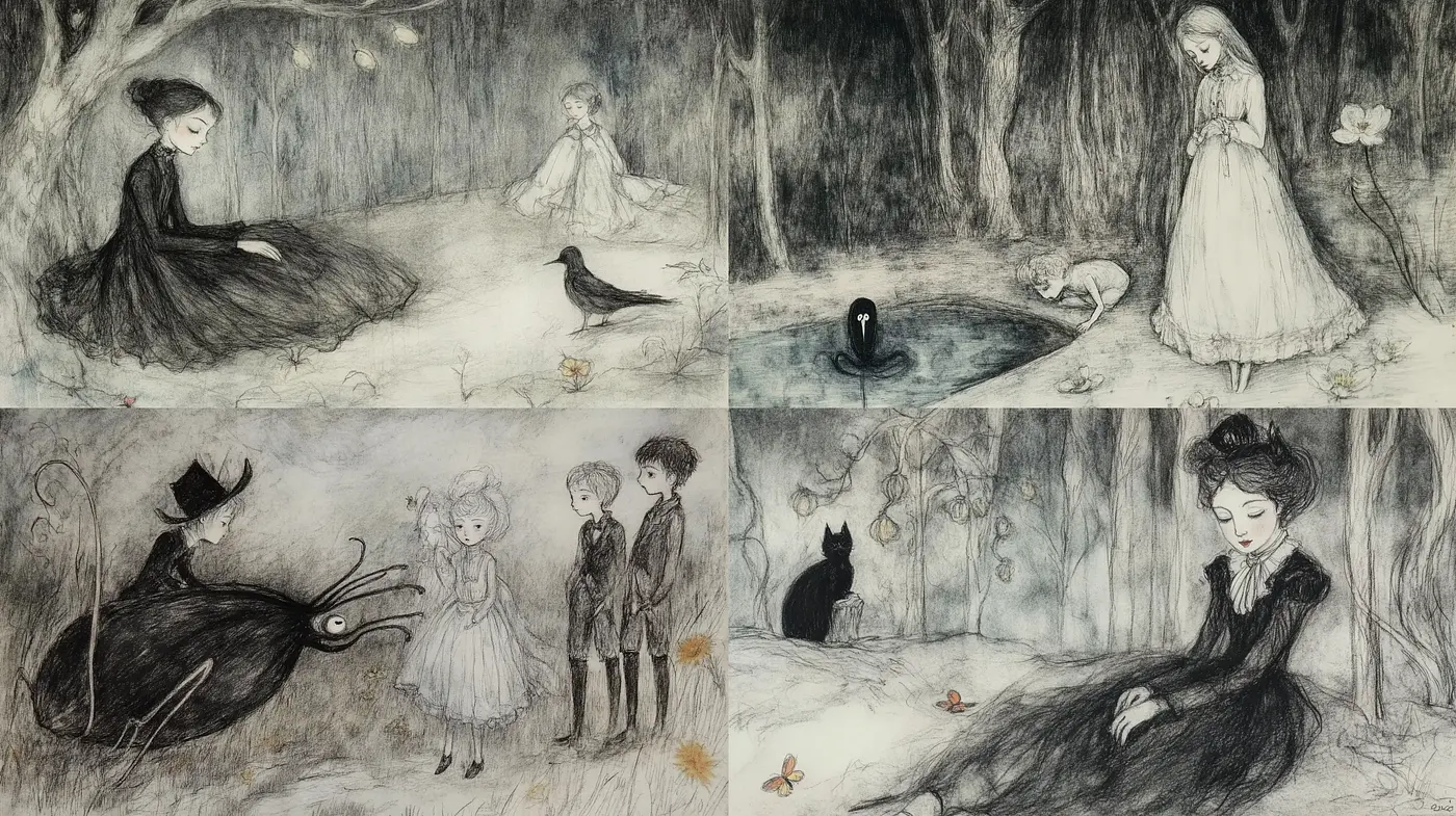 Ethereal Monochrome Whispers of Enchanted Dreams - Midjourney sref style