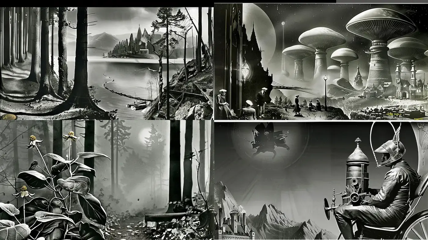 Surreal Black and White Landscape with Retro-futuristic Elements - Midjourney sref style