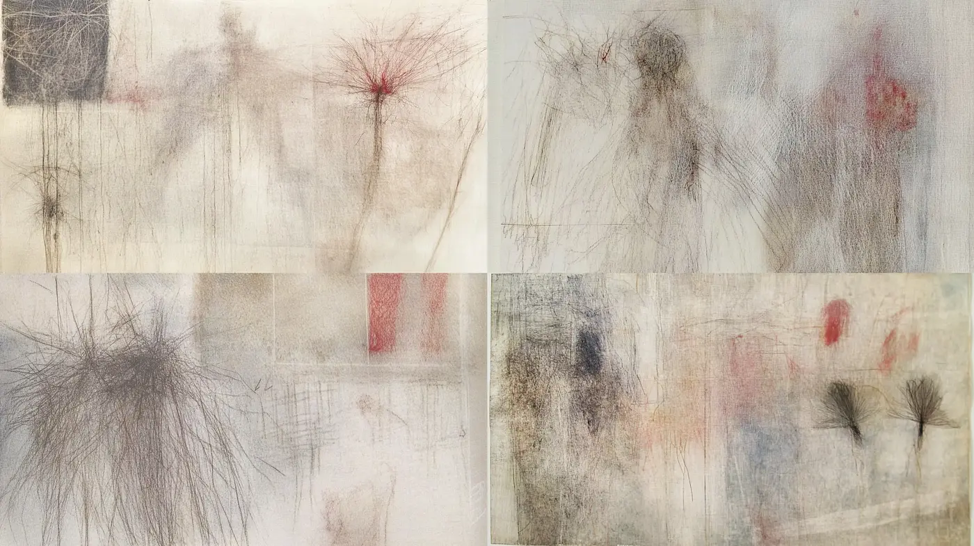 Ethereal Wisps and Stains: A Dance of Delicate Tones and Abstract Forms - Midjourney sref style