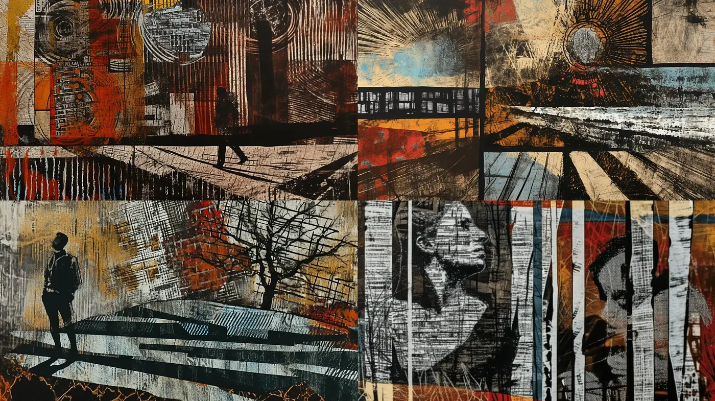 Stylized Abstraction of Urban Melancholia in Mixed Textures - Midjourney sref style