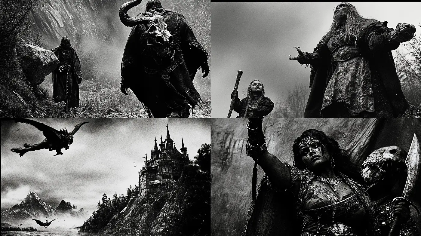 Monochromatic Mythos: Dark Fantasy Realism with Artisanal Textures - Midjourney sref style