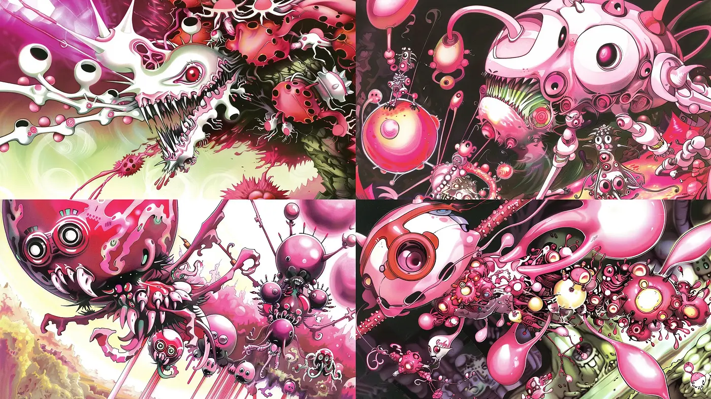 Surrealistic Biomechanical Dreamscape with Vivid Contrast - Midjourney sref style