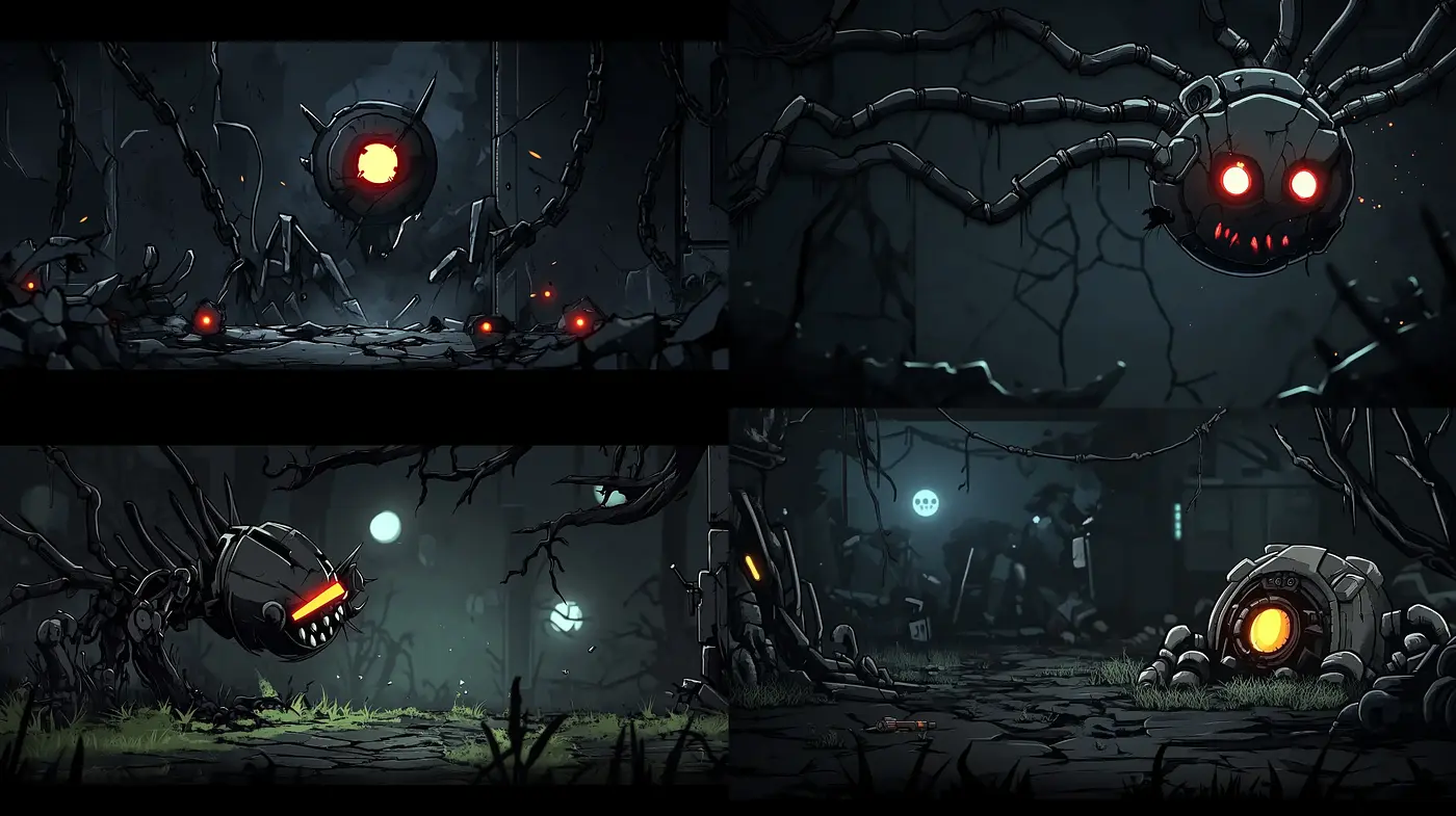 Eerie Mechanical Invasion in a Monochrome Forest - Midjourney sref style